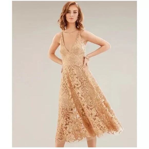 Dress the Population Sequin Lace Blair Dress Floral Gold Nude Size L NWT